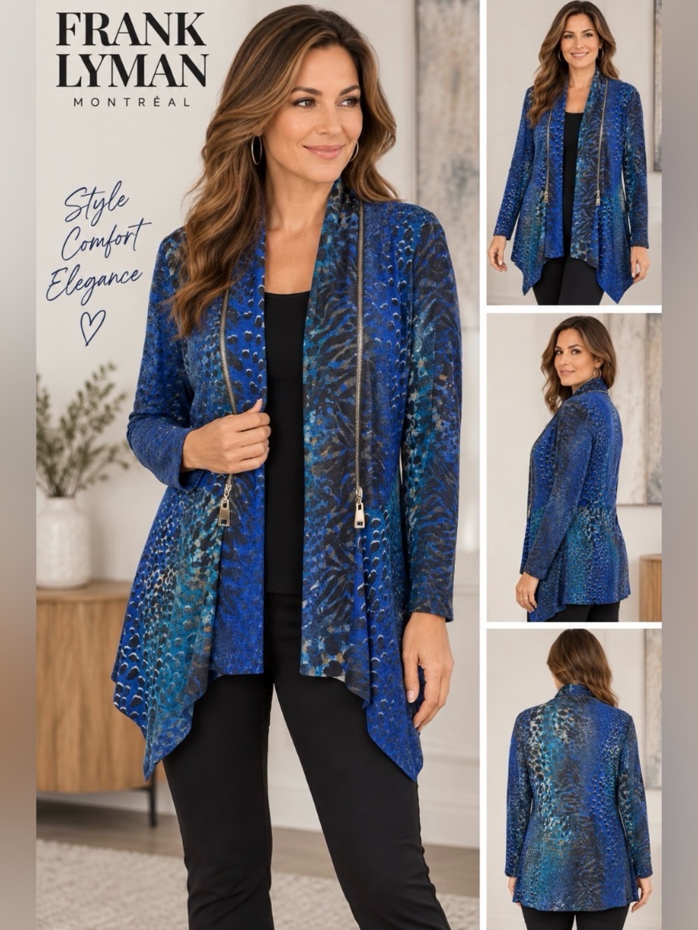 Frank Lyman Design Blue Patterned Draped Zip-Front Cardigan